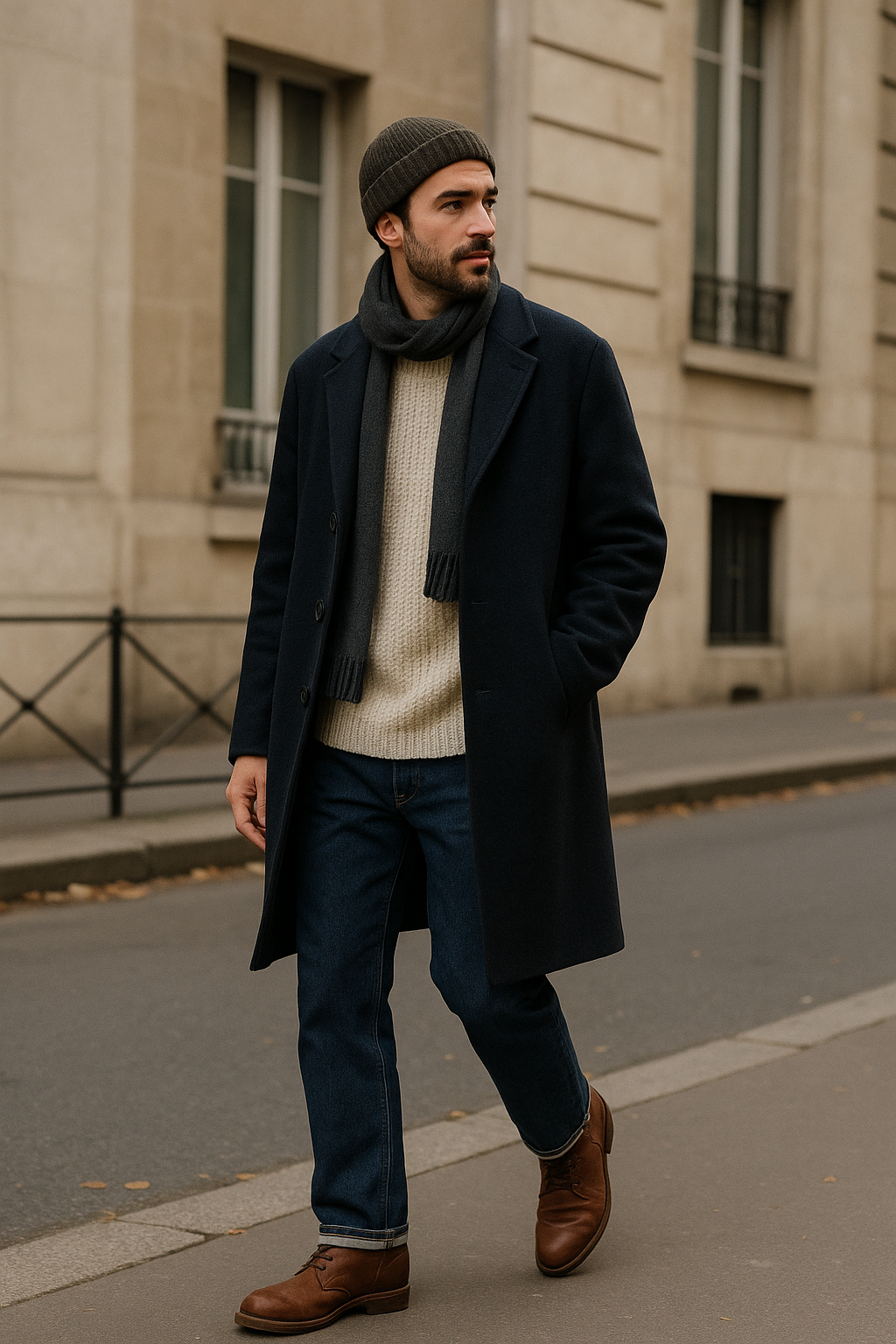 SKIPIKS AI 패션 화보 — casual, streetwear, layered — 네이비 코트와 베이지 스웨터의 조화가 세련된 겨울 패션을 완성합니다. 코트와 같은 톤의 머플러를 함께 매치해 보온성을 높이고, 편안한 청바지와 