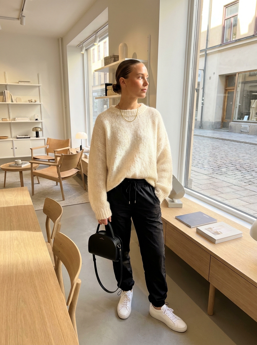 SKIPIKS AI时尚大片 — minimalist, casual — 크림색 니트가 포근한 분위기를 연출하며, 블랙 조거 팬츠와 함께 편안한 실루엣을 완성합니다. 골드 목걸이와 미니 백을 매치해 세련된 포인트를 더