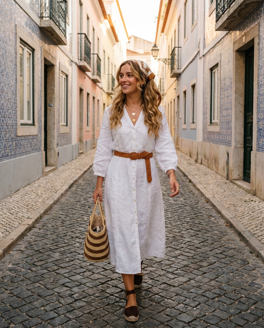 SKIPIKS AIファッション写真 — bohemian, romantic — 화사한 화이트 린넨 원피스에 브라운 톤의 액세서리들이 어우러져 여유롭고 로맨틱한 분위기를 풍긴다. 브라운 헤어 스카프와 벨트로 포인트를 주어 빈