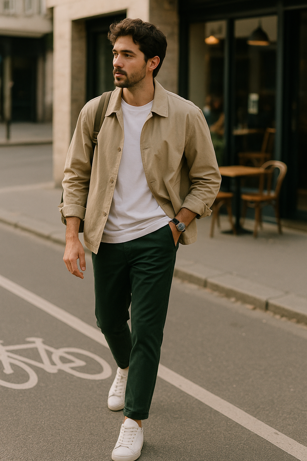 SKIPIKS AI fashion editorial — minimalist, casual — 베이지 셔츠 재킷과 흰 티셔츠의 조화가 따뜻한 감성을 연출합니다. 검정 바지로 차분한 느낌을 주며, 흰 스니커즈로 경쾌한 포인트를 줘보세요. 가