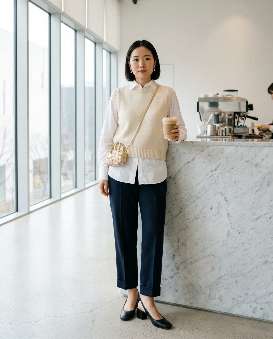 SKIPIKS AI时尚大片 — minimalist, preppy, modern — 크림색 니트 베스트와 화이트 셔츠의 조화가 깔끔하면서도 우아한 분위기를 연출해줍니다. 네이비 팬츠와 블랙 구두를 매치하여 모던하면서도 세련된 스