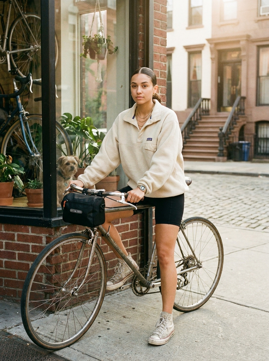 SKIPIKS AI fashion editorial — sporty, casual, minimalist — 플리스 풀오버와 바이커 쇼츠가 어우러진 스포티한 스타일로, 편안하면서도 트렌디한 느낌을 줍니다. 손목시계와 악세서리를 함께 매치하면 감각적인 포
