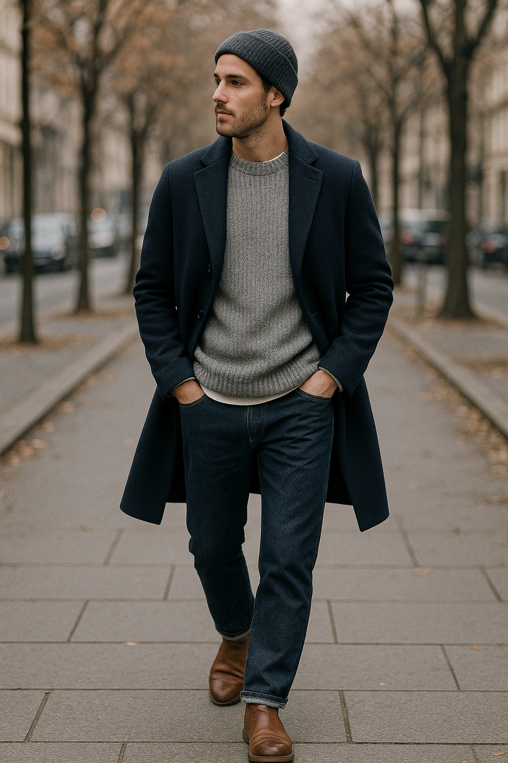 SKIPIKS AI 패션 화보 — minimalist, casual, modern — 네이비 코트와 회색 니트의 조합이 모던하면서도 따뜻한 느낌을 줍니다. 진청 데님과 브라운 첼시 부츠로 캐주얼하면서도 세련된 분위기를 완성하세요.