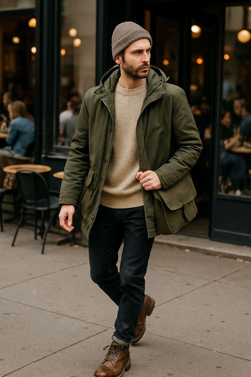 SKIPIKS AIファッション写真 — casual, urban — 카키 코트와 베이지 니트의 조화가 세련된 느낌을 주는 룩입니다. 청바지와 브라운 부츠를 매치해 캐주얼하면서도 실용적인 스타일을 완성해보세요. 가