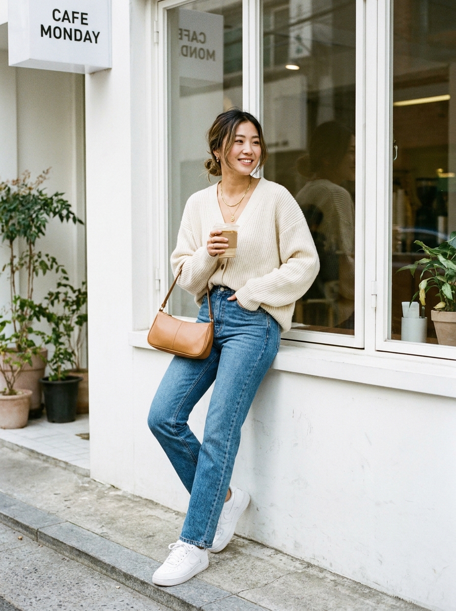 SKIPIKS AIファッション写真 — casual, chic, comfy — 크림색 니트와 청바지의 편안하면서도 세련된 조합이 인상적인 룩입니다. 심플한 디자인의 크로스백과 흰색 운동화로 깔끔한 캐주얼 스타일을 완성해보세