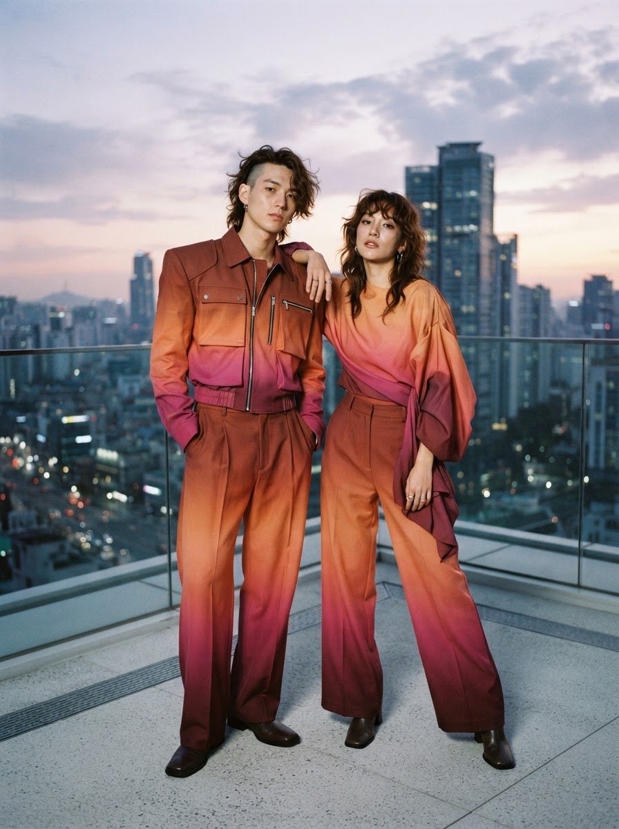 SKIPIKS AI fashion editorial — chic, elegant, couple — 도시적인 우아함이 돋보이는 그라데이션 룩이 이목을 끌어요. 동일한 톤의 커플룩으로 개성 넘치는 스타일링을 완성해보세요. 가벼운 외출이나 도시 야