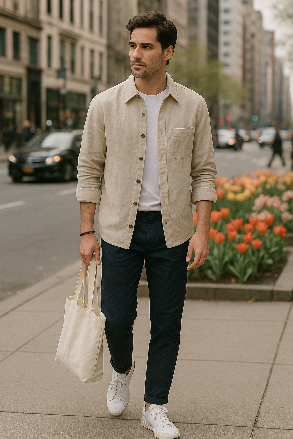 SKIPIKS AI fashion editorial — minimalist, casual — 베이지 톤 셔츠와 네이비 팬츠의 조합이 여유로운 봄날의 무드를 연출해요. 흰색 티셔츠와 스니커즈로 산뜻한 분위기를 더해보세요. 데일리룩이나 가벼