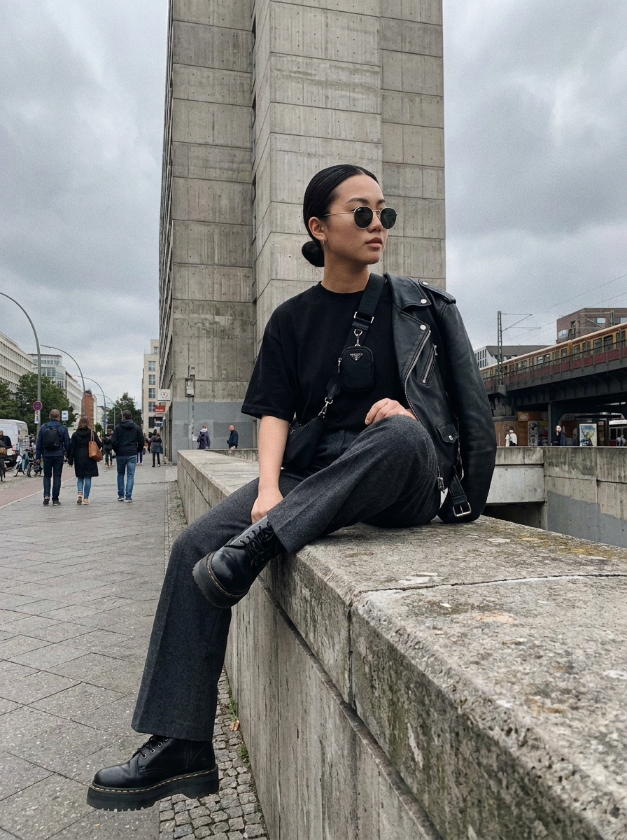 SKIPIKS AI 패션 화보 — streetwear, minimalist — 올블랙 컬러와 가죽 재킷의 조합이 세련된 느낌을 주는 룩입니다. 여기에 회색 슬랙스로 깔끔함을 더해, 다양한 상황에서 활용하기 좋아요. 가벼운 