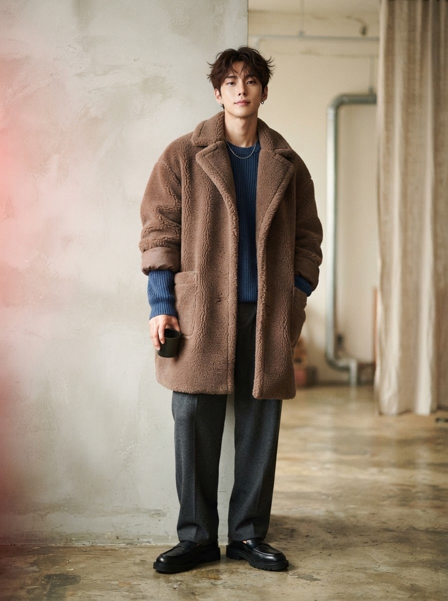 SKIPIKS AI时尚大片 — casual, layered, cozy — 따뜻한 테디 코트와 블루 니트의 조화가 감각적인 무드를 완성합니다. 여유롭게 흐르는 실루엣의 그레이 슬랙스로 세련미를 더해보세요. 데일리 캐주얼