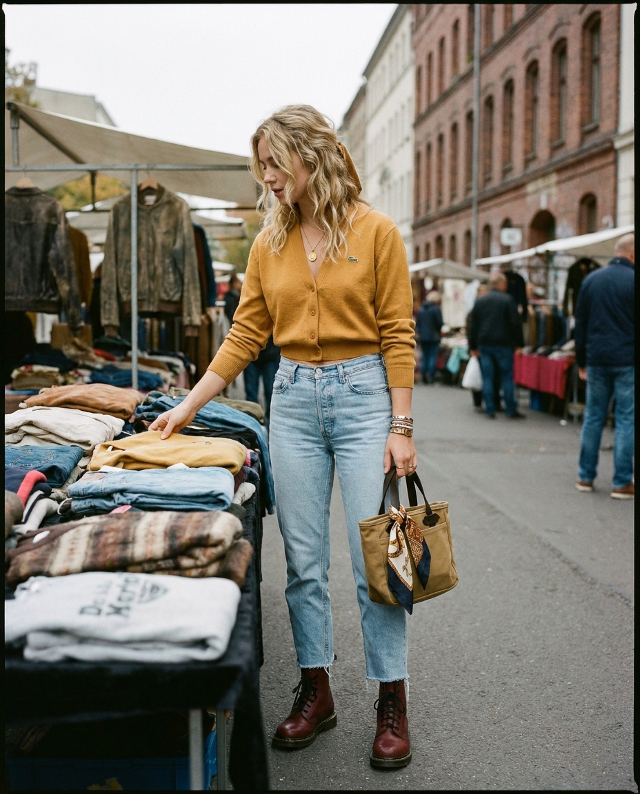 SKIPIKS AI 패션 화보 — vintage, casual, streetwear — 머스터드 가디건과 연청 바지의 조합이 빈티지하면서도 세련된 분위기를 선사해요. 카키 컬러의 핸드백과 버건디 부츠로 포인트를 줘 스타일리시함을 더