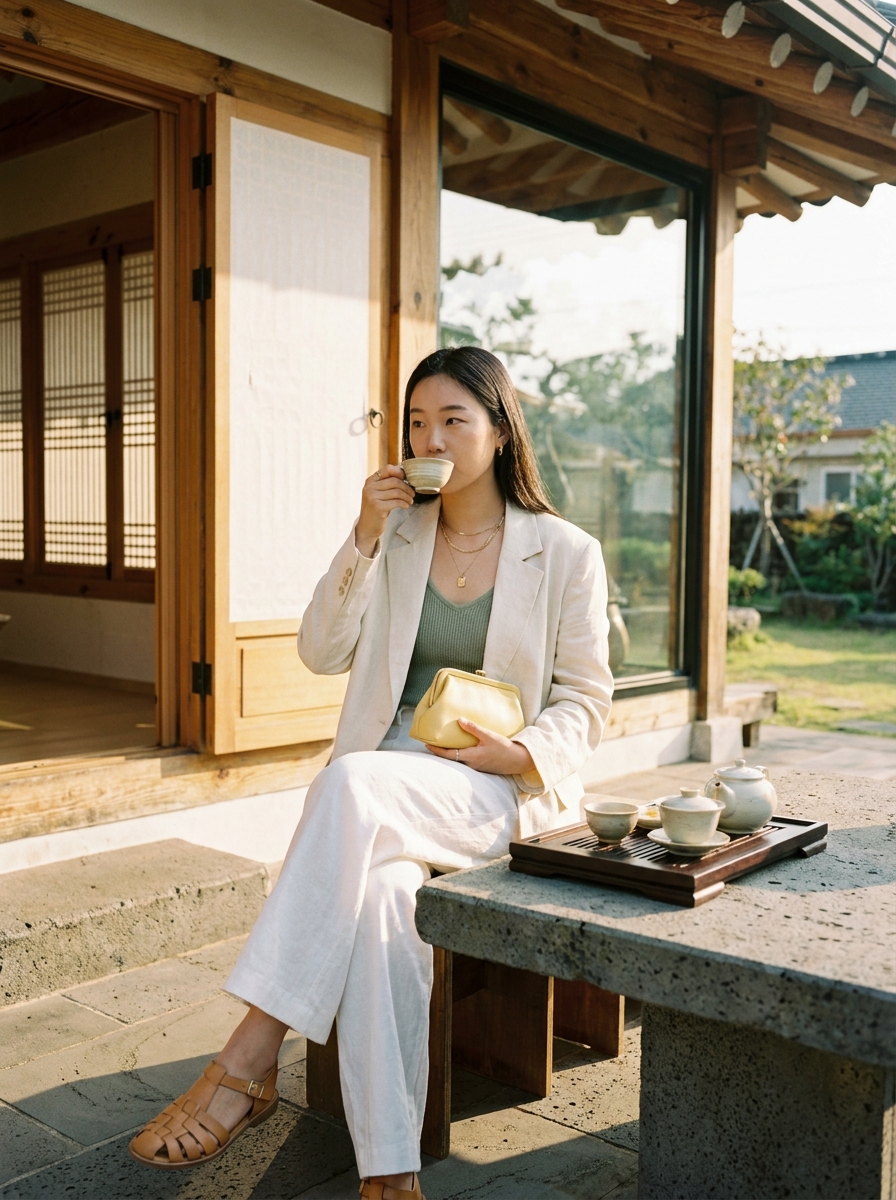 SKIPIKS AI fashion editorial — minimalist, casual — 크림 컬러의 자켓과 민소매 니트가 어우러져 내추럴한 분위기를 연출해요. 가벼운 샌들과 골드 클러치로 세련된 여름 룩을 완성해보세요. 데일리 룩으