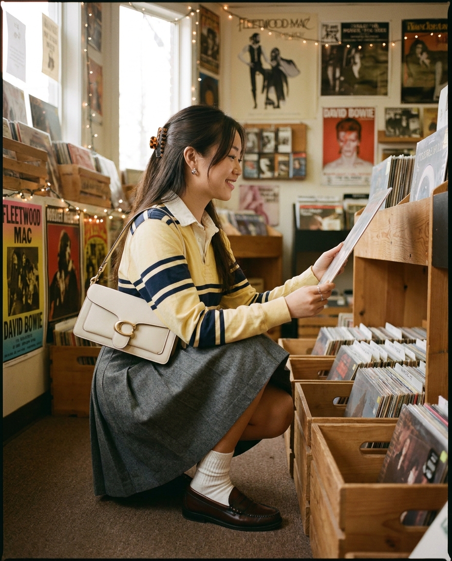 SKIPIKS AI 패션 화보 — preppy, vintage — 노란색 스트라이프 폴로 셔츠와 회색 플레어 치마가 조화롭게 매치된 프레피 룩입니다. 앤틱한 갈색 로퍼와 아이보리숄더백으로 클래식한 무드를 강화해