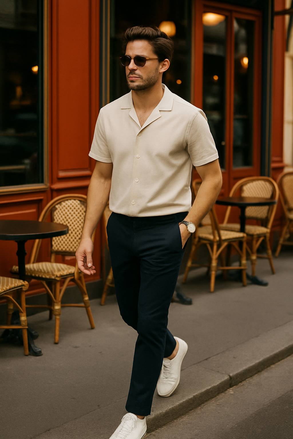 SKIPIKS AI 패션 화보 — minimalist, chic — 베이지 셔츠와 네이비 바지의 조합이 깨끗하고 세련된 무드를 연출합니다. 심플한 아이템들로도 충분히 스타일리시한 룩을 완성할 수 있어요. 봄철 데