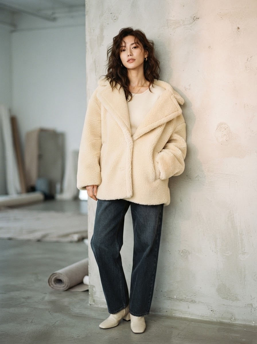SKIPIKS AI fashion editorial — casual, chic — 포근한 테디 베어 코트와 크림색 니트가 고급스러우면서도 자연스럽게 어우러지는 스타일입니다. 이런 코디는 인디고 블루 데님과 크림색 앵클 부츠와 