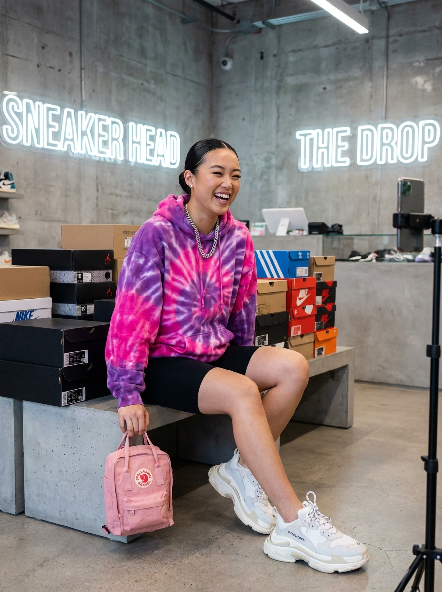 SKIPIKS AIファッション写真 — streetwear, casual, sporty — 타이다이 패턴의 핑크 후드티가 경쾌한 스트리트 무드를 자아내요. 여기에 블랙 바이크 쇼츠와 화이트 스니커즈로 스포티한 룩을 완성했어요. 일상에서