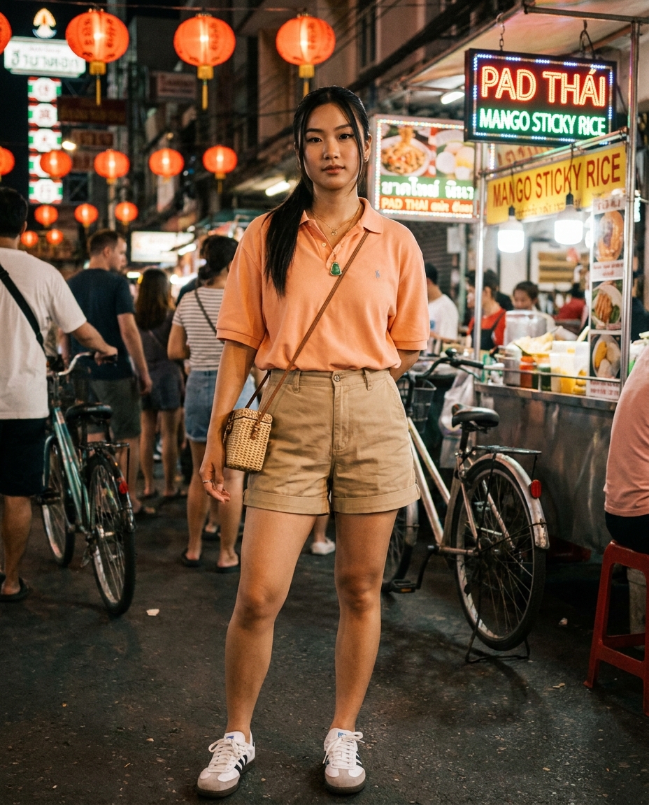 SKIPIKS AI fashion editorial — casual, streetwear — 오렌지색 폴로 셔츠와 베이지 반바지의 조합이 여유롭고 편안한 여름 분위기를 연출해요. 스니커즈와 크로스백으로 캐주얼하면서도 가볍게 포인트를 주기