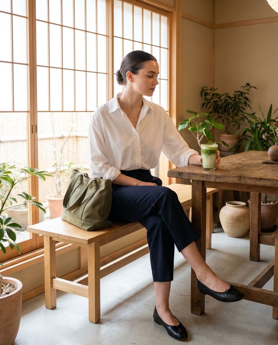 SKIPIKS AI 패션 화보 — minimalist, office — 화이트 셔츠와 네이비 슬랙스로 미니멀한 매력을 자아내며 깔끔한 실루엣을 완성해보세요. 카키 컬러의 숄더백과 블랙 플랫 슈즈로 세련된 포인트를 더