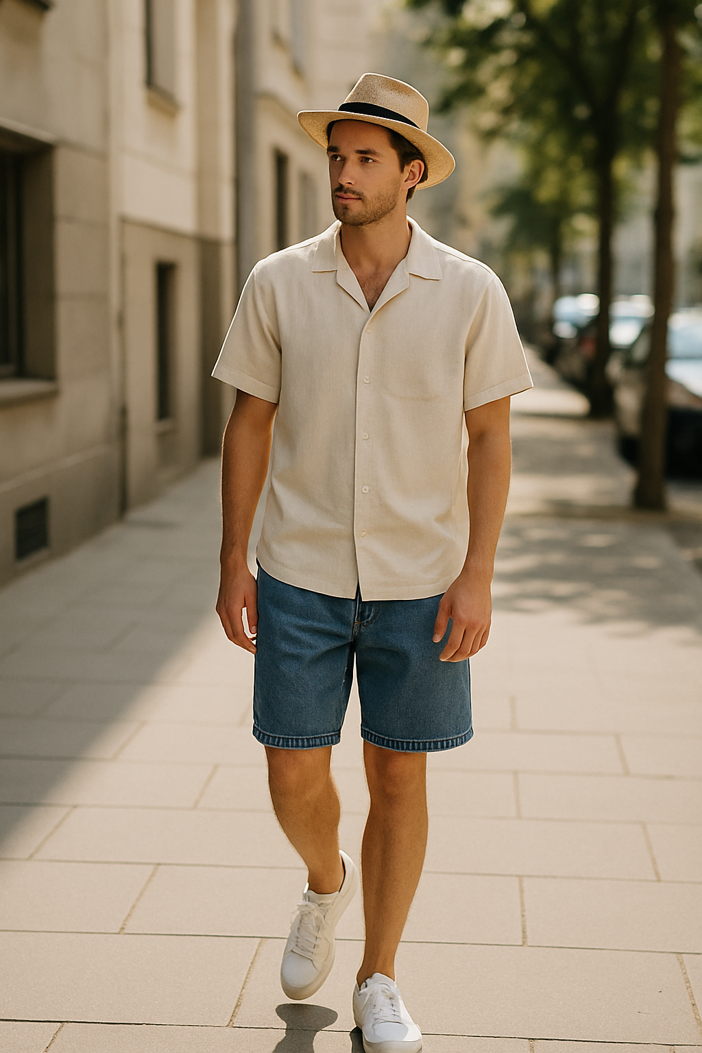 SKIPIKS AI 패션 화보 — casual, summer — 베이지 셔츠와 블루 데님 반바지가 만들어내는 조화로운 컬러감이 여름의 산뜻한 느낌을 더해줍니다. 스트로 해트와 화이트 스니커즈로 경쾌하고 자연스