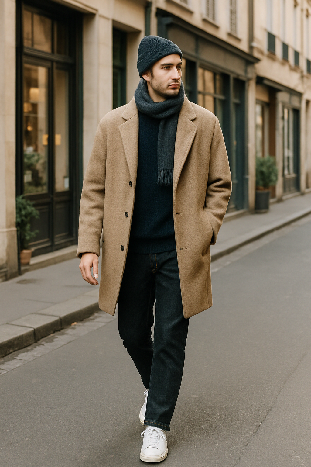 SKIPIKS AI fashion editorial — minimalist, streetwear — 베이지 코트와 네이비 니트의 조화가 차분한 겨울 스타일을 완성합니다. 청바지와 흰색 스니커즈로 캐주얼하면서도 세련된 느낌을 주며, 회색 비니와 