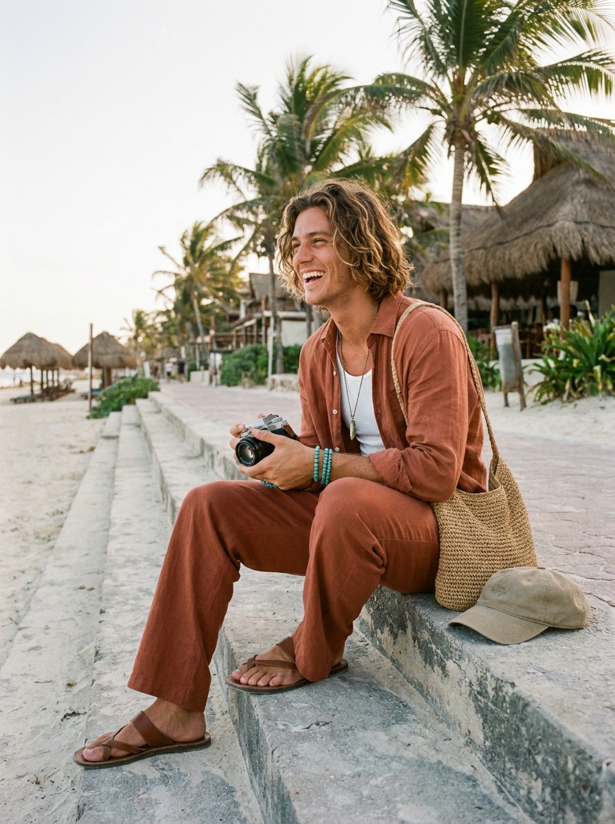 SKIPIKS AIファッション写真 — bohemian, casual — 바다를 배경으로 한 이 룩은 편안하면서도 자유로운 매력을 발산해요. 브라운 린넨 셔츠와 팬츠의 매치는 자연스러운 해변 감성을 더해줍니다. 터쿼이