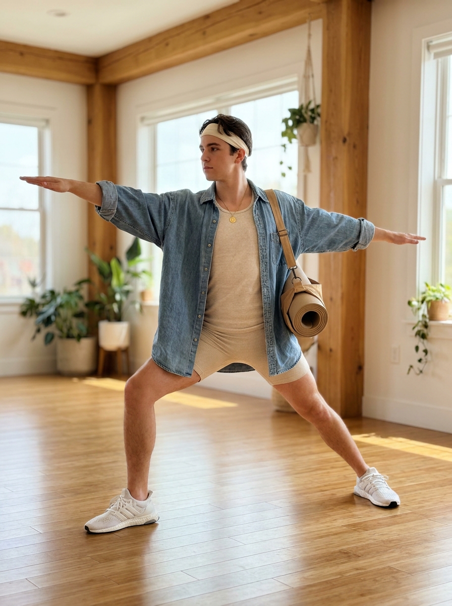 SKIPIKS AI 패션 화보 — minimalist, athleisure — 데님 셔츠와 베이지 톤 탱크탑, 쇼츠로 레이어링한 스타일이 깔끔하면서도 여유롭게 연출됩니다. 운동화와 매칭하여 활동적이면서도 스타일리시한 느낌을