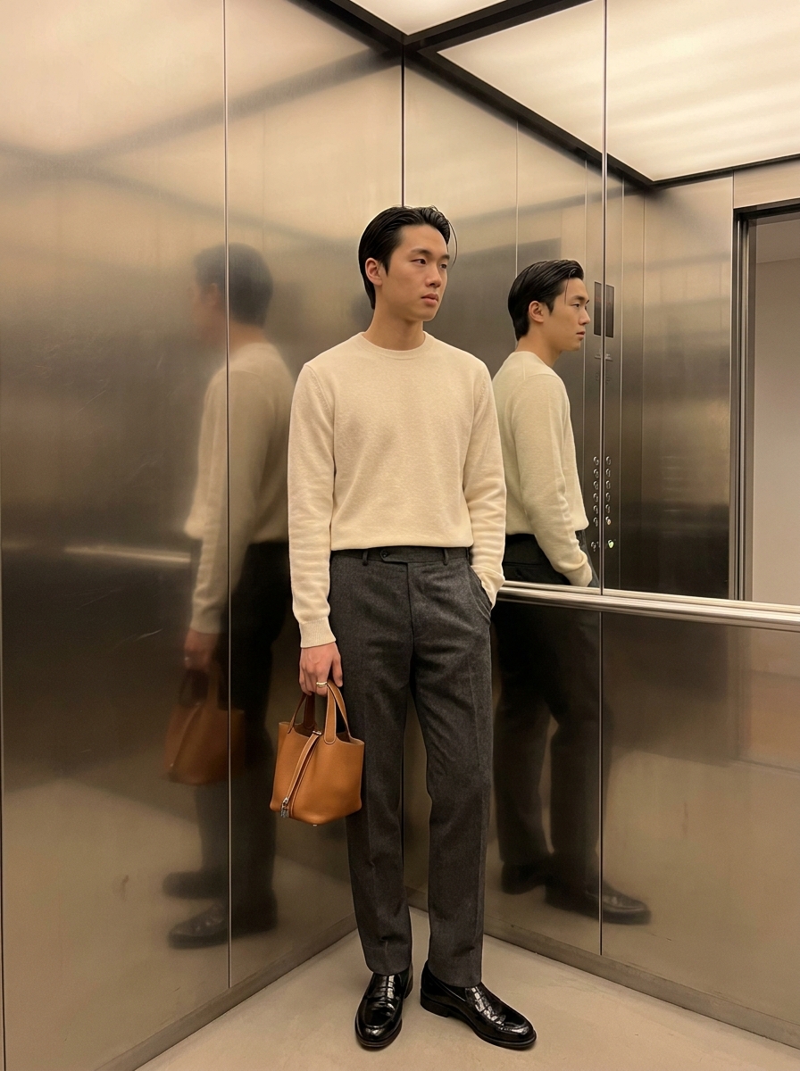 SKIPIKS AI 패션 화보 — minimalist, modern — 세련된 베이지 니트와 회색 바지의 조합이 고급스러운 모던 룩을 연출합니다. 가죽 가방과 구두로 포인트를 주어 더욱 완성도 높은 스타일이 만들어져