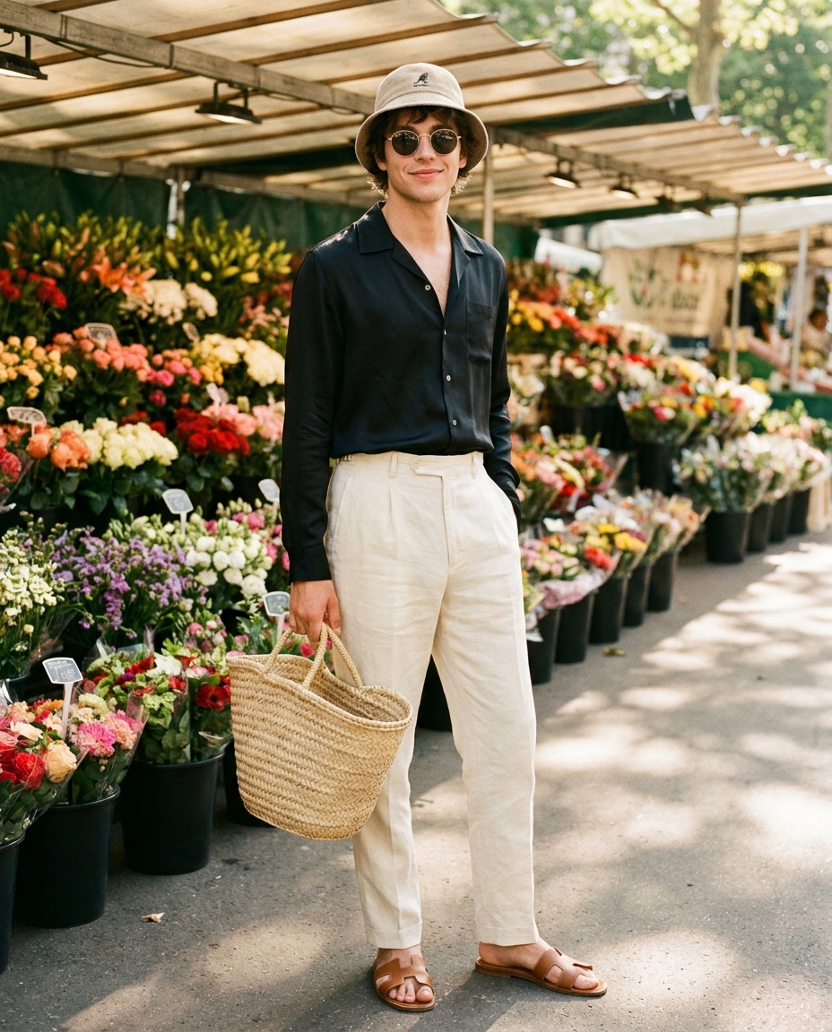 SKIPIKS AI fashion editorial — minimalist, casual — 플라워 마켓에서 만날 법한 경쾌하고 세련된 섬머룩입니다. 라이트한 베이지 바지와 버킷햇으로 가벼운 산뜻함을 더해보세요. 데일리 외출이나 캐주얼한