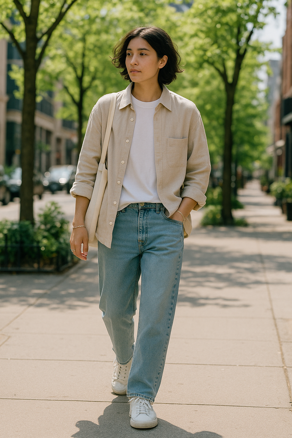 SKIPIKS AIファッション写真 — minimalist, casual — 베이지와 화이트의 조합이 자연스럽고 편안한 분위기를 연출해보세요. 기본 셔츠와 티셔츠에 청바지를 매치해 네추럴한 캐주얼룩을 완성했습니다. 가벼운