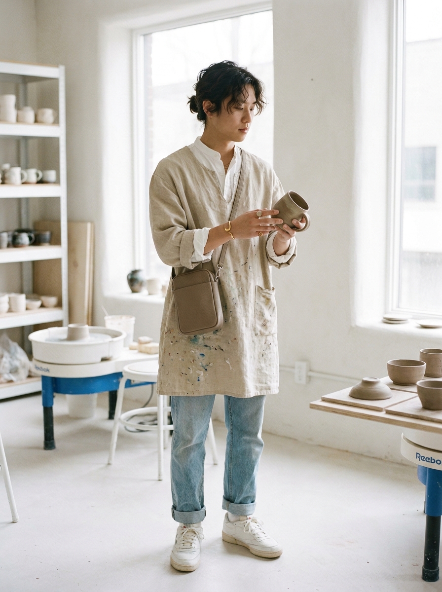 SKIPIKS AIファッション写真 — casual, artistic — 편안한 베이지톤의 아트 웨어가 감각적으로 돋보이는 스타일입니다. 청바지와 스니커즈로 캐주얼한 무드를 더해 일상에서도 활용하기 좋습니다. 베이지 