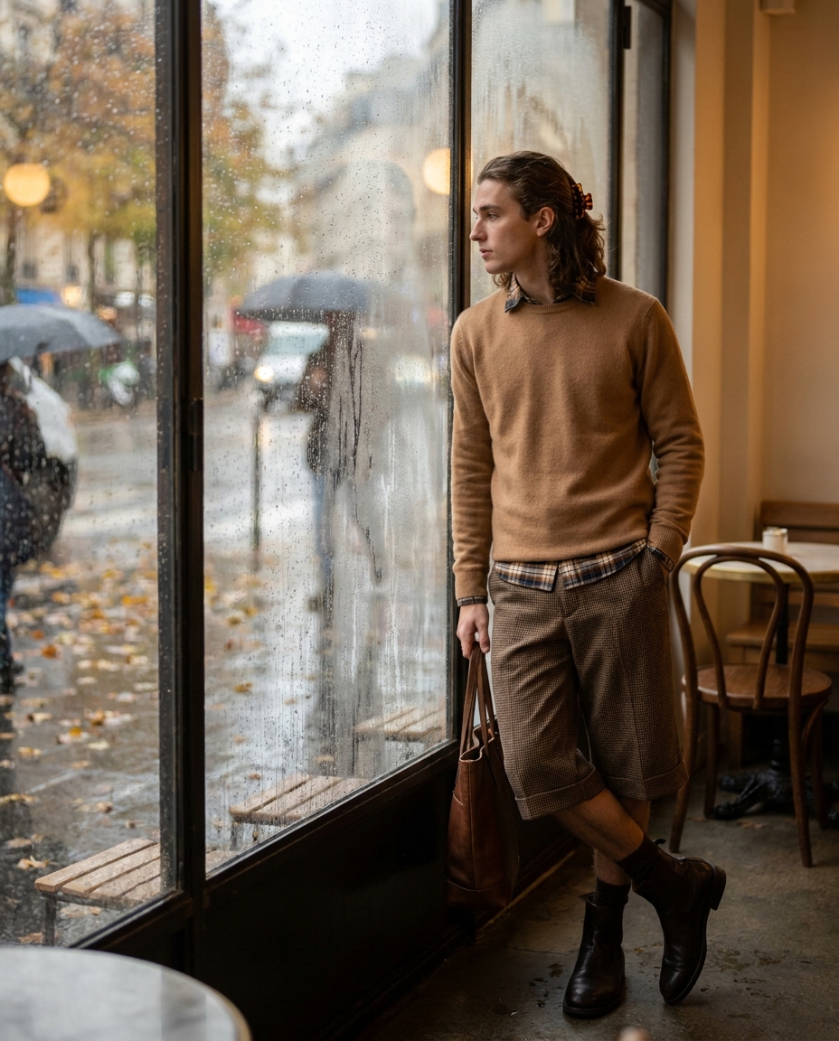 SKIPIKS AI时尚大片 — preppy, casual — 베이지 컬러의 스웨터와 체크 반바지가 조화를 이루며 따뜻한 느낌을 주는 가을 룩입니다. 첼시 부츠와 계절감 있는 토트백을 매치해 세련된 도시 감