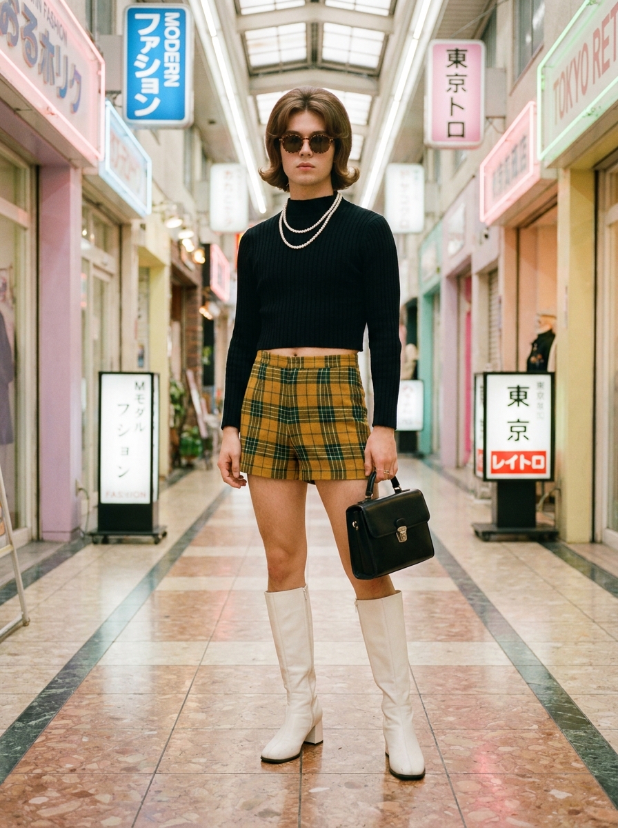 SKIPIKS AI 패션 화보 — retro, streetwear, edgy — 검정 크롭 니트와 노란 체크 반바지가 레트로한 분위기를 자아냅니다. 진주 목걸이와 부츠를 매치해 스타일에 엣지를 더해보세요. 도심 속 스트리트 