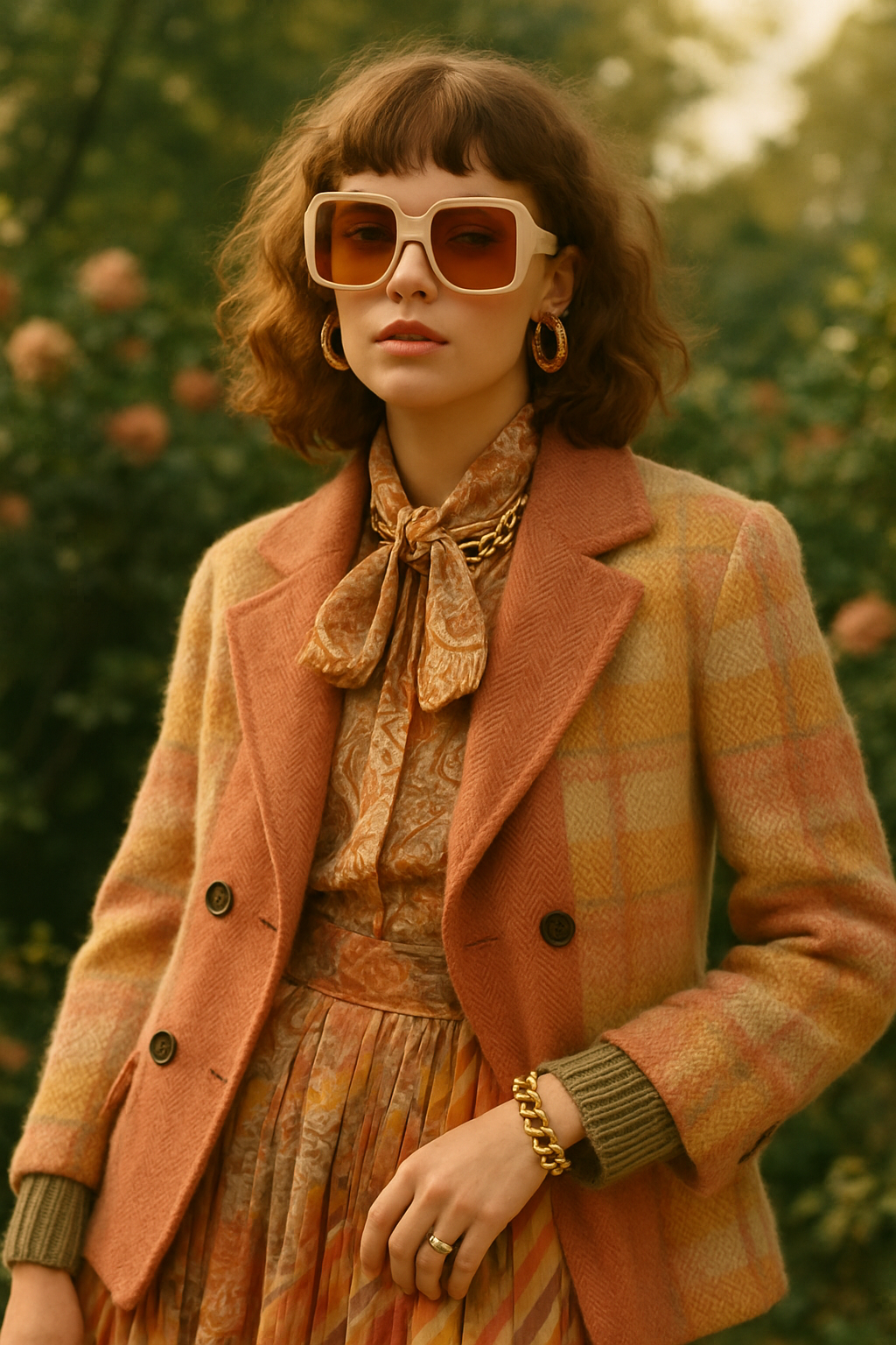 SKIPIKS AI 패션 화보 — vintage, glam, classic — 부드러운 오렌지와 브라운 톤이 조화로운 빈티지한 무드의 스타일입니다. 체크 자켓과 패턴 원피스가 세련된 분위기를 연출하며, 골드 악세서리로 화려