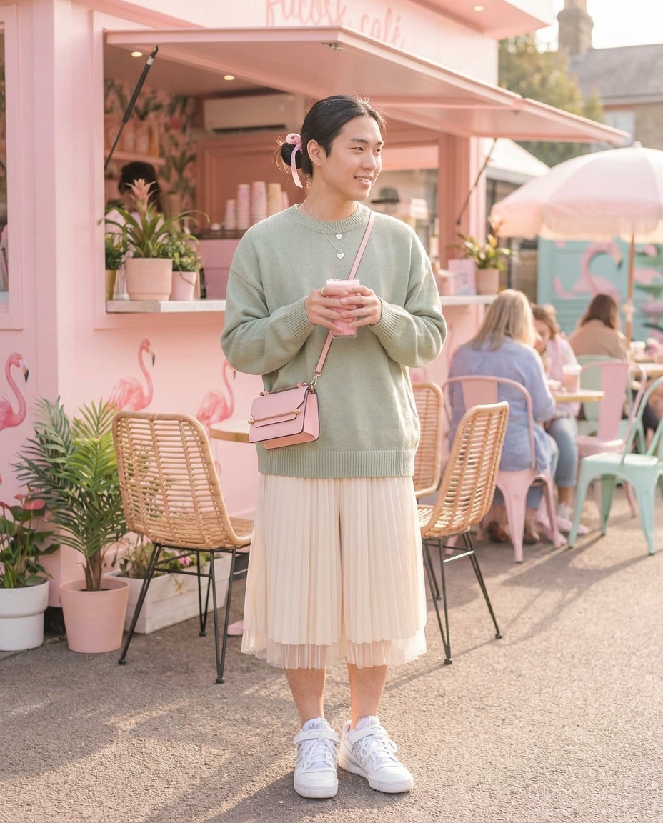 SKIPIKS AIファッション写真 — feminine, casual — 파스텔 톤의 부드러운 색감이 돋보이는 봄 코디입니다. 옅은 녹색 니트와 베이지 플리츠 스커트의 조화가 사랑스러운 분위기를 연출해줘요. 핑크 크로