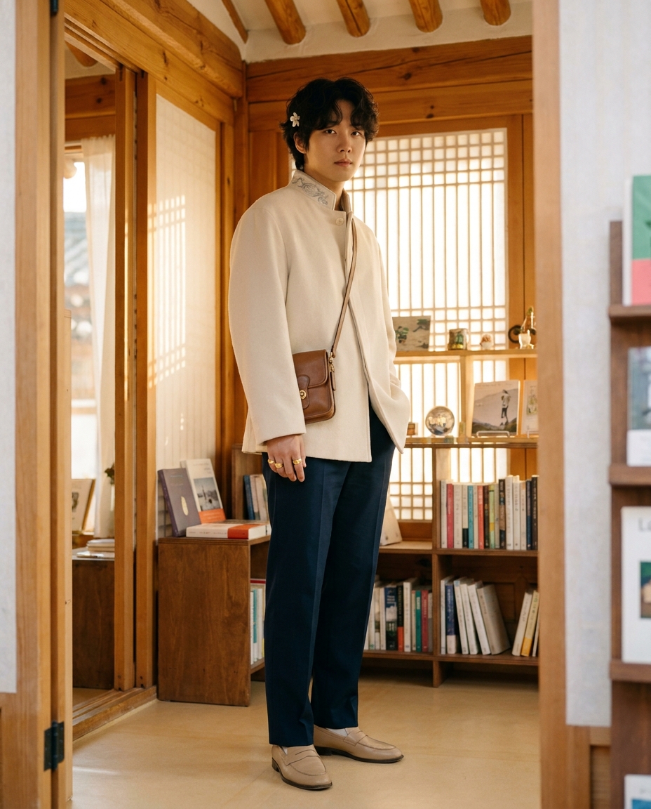 SKIPIKS AI fashion editorial — minimalist, chic — 베이지와 네이비의 조화가 세련되고 차분한 무드를 연출해주는 룩이에요. 네이비 팬츠와 베이지 로퍼로 안정감을 주고, 브라운 가방으로 포인트를 줘보