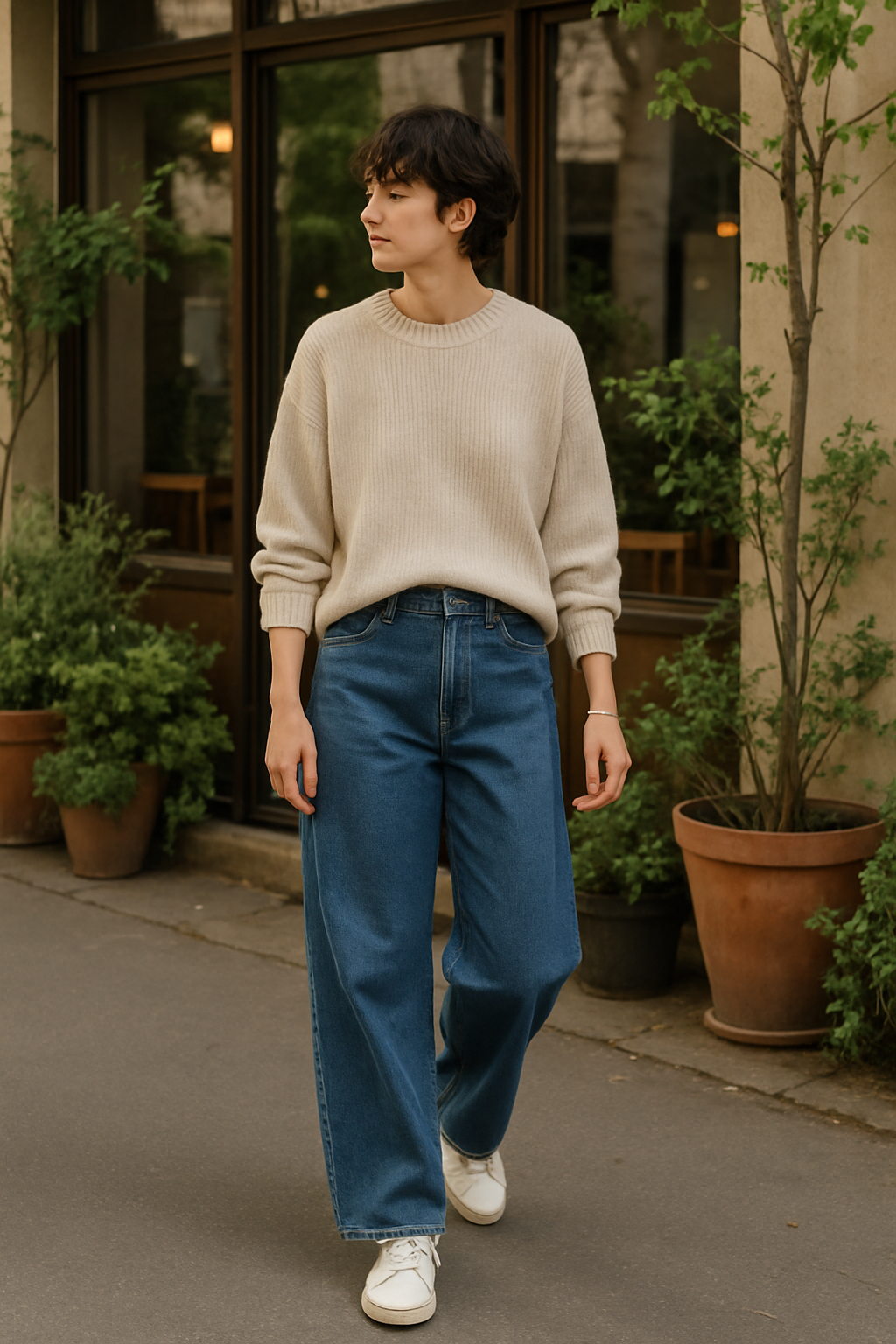SKIPIKS AI fashion editorial — minimalist, casual — 베이지 컬러의 니트 스웨터와 진청색 청바지가 어우러져 편안하면서도 세련된 캐주얼룩이 완성됩니다. 같은 톤의 화이트 스니커즈를 매치해 깔끔한 느낌