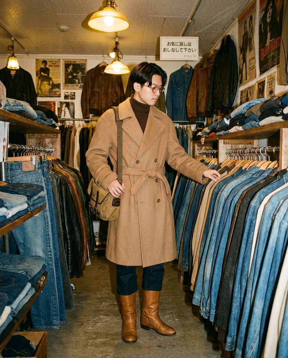 SKIPIKS AIファッション写真 — vintage, retro, casual — 트렌치코트와 부츠가 클래식하고 품격 있는 인상을 완성해주며, 빈티지한 무드가 자연스럽게 묻어납니다. 터틀넥을 함께 매치해 따뜻하면서도 세련된 느