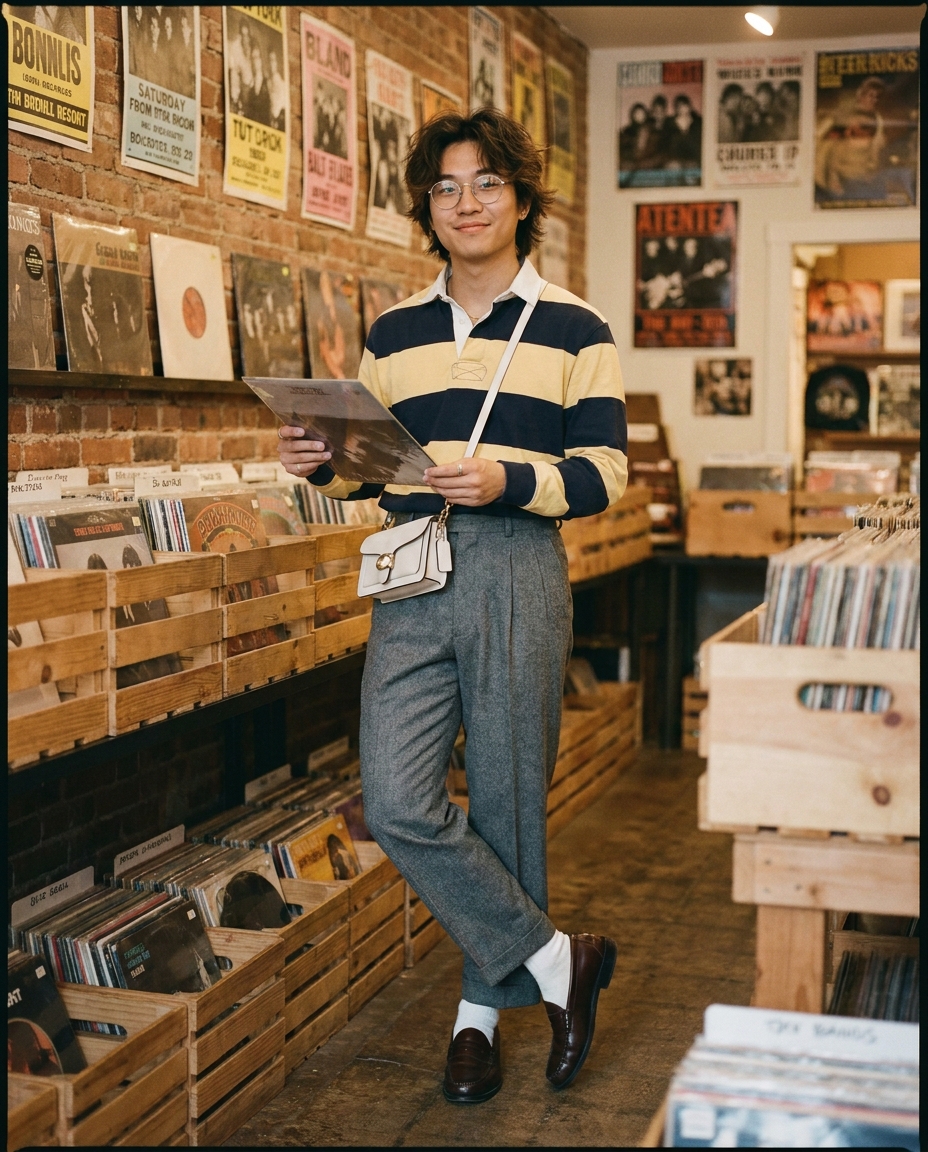 SKIPIKS AIファッション写真 — vintage, classic, retro — 빈티지한 감성이 돋보이는 스트라이프 폴로 셔츠와 회색 슬랙스가 어우러져 클래식한 무드를 만들어 보세요. 브라운 로퍼와 화이트 크로스백을 매치해 