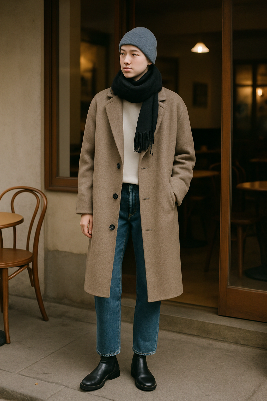 SKIPIKS AI时尚大片 — minimalist, casual — 차분한 브라운 톤의 코트와 아이보리 니트의 조화가 따뜻하면서도 고급스러운 무드를 완성해줍니다. 블루 청바지와 블랙 첼시 부츠로 세련된 캐주얼 스