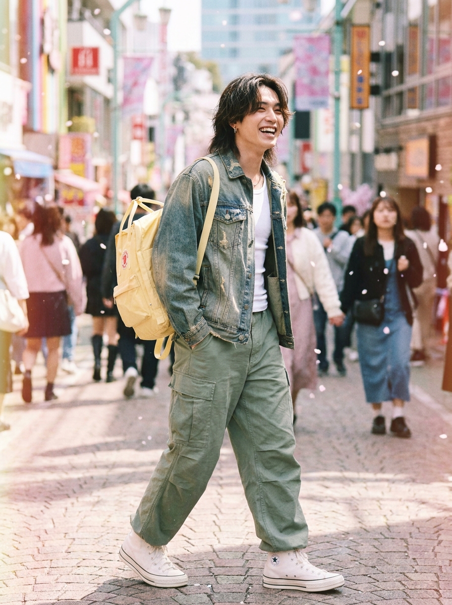 SKIPIKS AI 패션 화보 — streetwear, casual — 데님 자켓과 흰색 탱크탑의 조화로 스트리트 무드를 표현한 룩입니다. 카키 카고 바지와 스니커즈를 매치하여 캐주얼하면서도 편안한 스타일을 연출해보