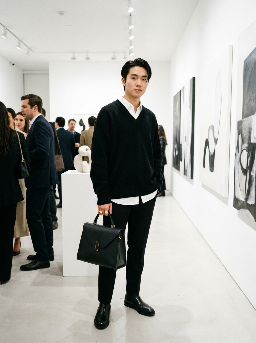 SKIPIKS AI 패션 화보 — minimalist, business_casual — 전체적으로 깔끔하고 세련된 가을 무드가 돋보이는 룩입니다. 니트와 셔츠 조합에 슬랙스와 첼시 부츠를 매치하여 시크한 비즈니스 캐주얼 스타일을 연