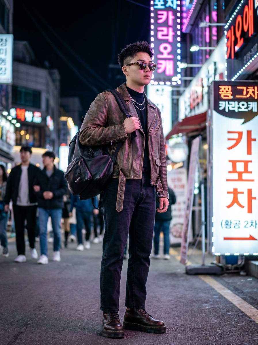 SKIPIKS AI 패션 화보 — streetwear, casual — 빈티지한 가죽 자켓과 블랙진이 시크한 매력을 더해주는 스타일입니다. 블랙 티셔츠와 매칭하여 무게감을 덜어주고, 다크 브라운 부츠로 마무리해보세요