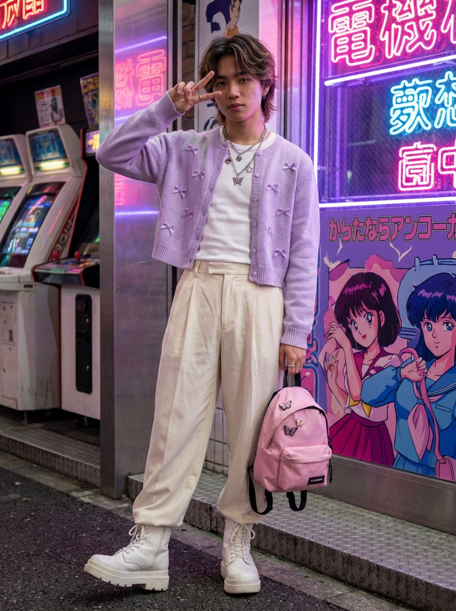SKIPIKS AI时尚大片 — streetwear, vintage — 차분한 연보라색 가디건이 사랑스러운 무드를 자아내는 룩이에요. 크림색 바지와 흰색 부츠로 아늑한 분위기를 살려보세요. 데일리 룩으로나 거리에서 