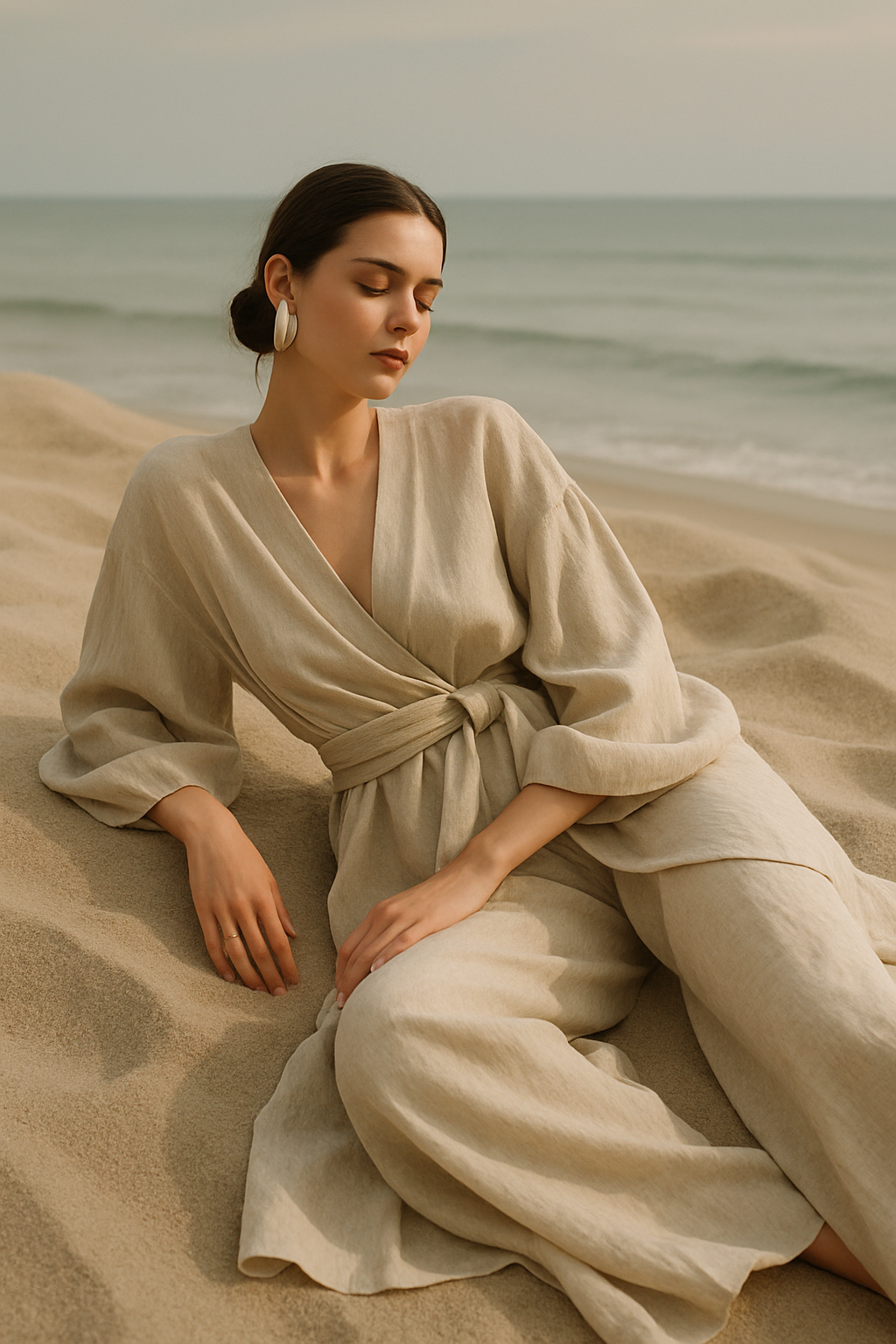 SKIPIKS AI fashion editorial — feminine, minimalist — 부드러운 베이지 컬러의 린넨 드레스가 자연스럽고 우아한 무드를 자아내요. 귀걸이와 같이 심플한 액세서리와 매치하면 더욱 완성도 있는 스타일이 추