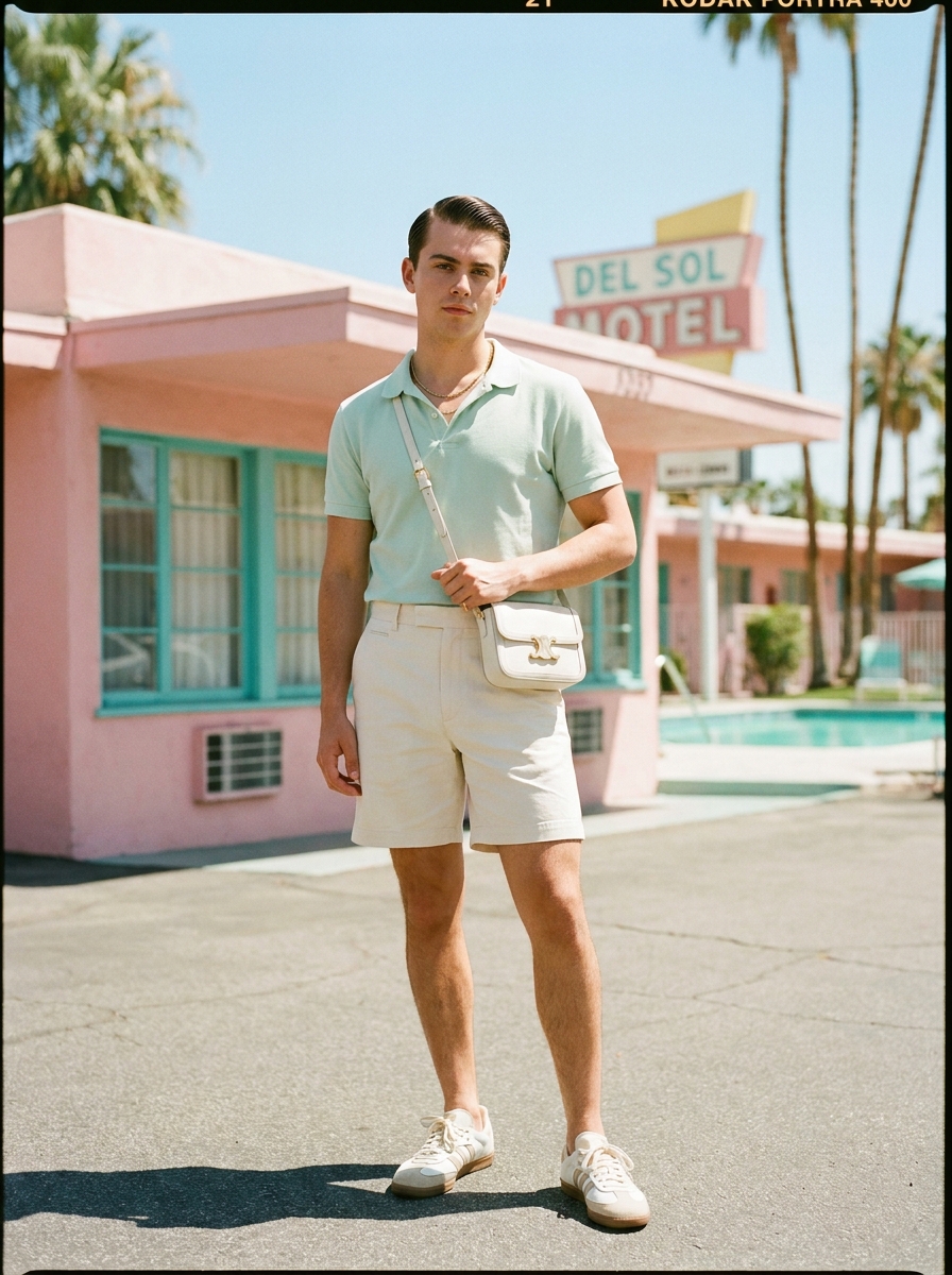 SKIPIKS AI时尚大片 — minimalist, preppy — 산뜻한 민트색 폴로 셔츠와 아이보리 반바지가 청량한 여름 느낌을 완성해요. 크림색 크로스백과 베이지 스니커즈로 뉴트럴한 매치를 추천해요. 휴양지