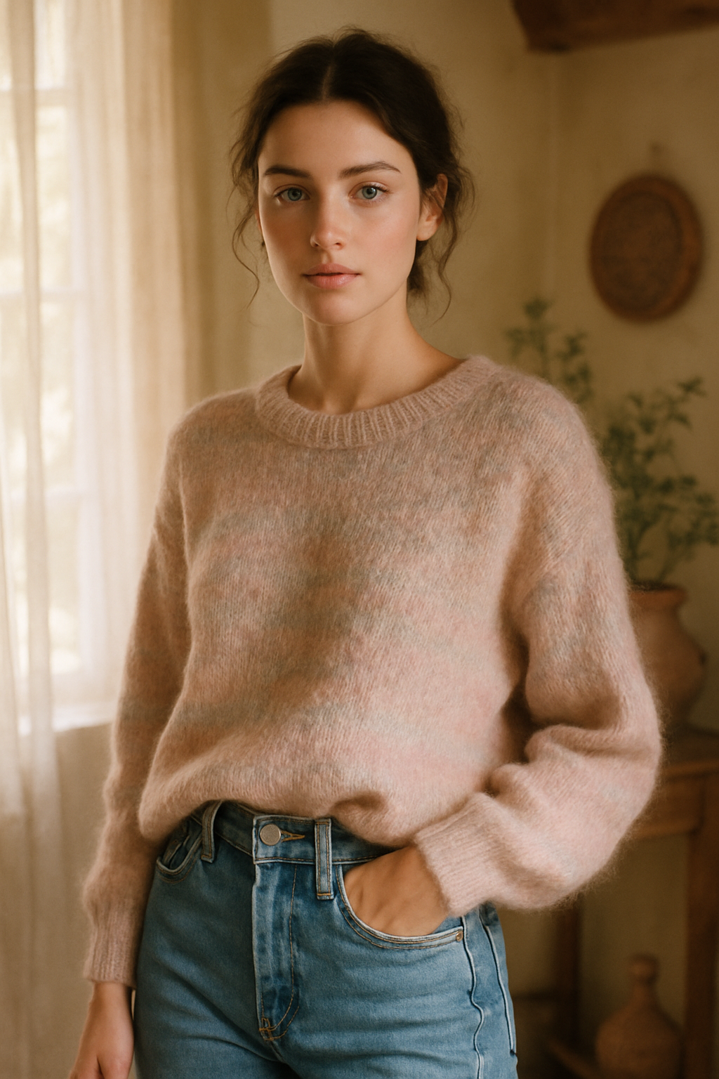 SKIPIKS AI 패션 화보 — casual, feminine — 부드러운 핑크 색상의 니트가 청바지와 완벽한 조화를 이루며 따뜻하고 편안한 분위기를 줍니다. 가을 날씨에 적합한 이 코디는 귀여운 비니나 삭스를