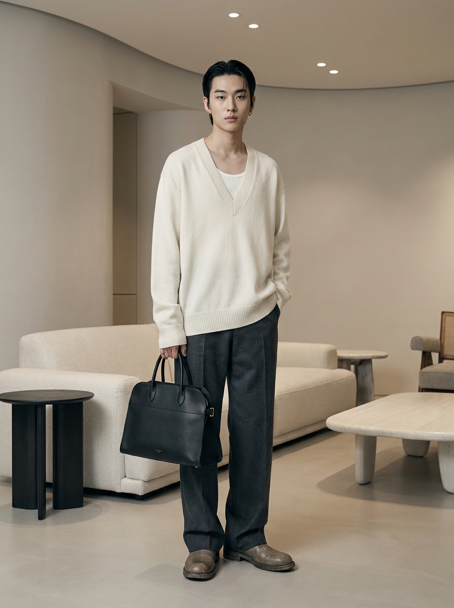 SKIPIKS AI 패션 화보 — minimalist, elegant — 크림색 브이넥 스웨터와 회색 슬랙스가 조화를 이루며 차분한 분위기를 연출합니다. 액세서리가 절제되어 전체적으로 미니멀리즘 스타일이 돋보여요. 데