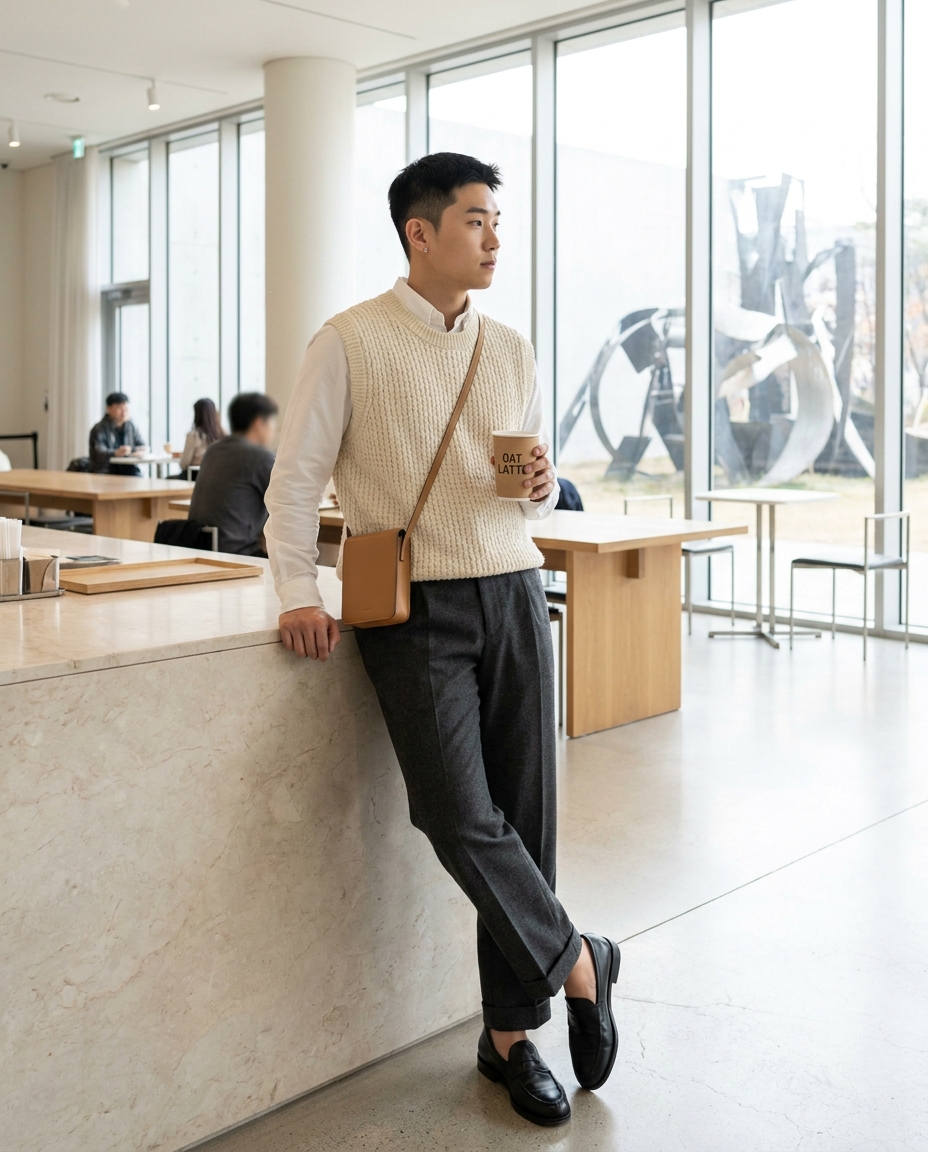 SKIPIKS AI 패션 화보 — minimalist, modern — 크림색 니트와 흰 셔츠의 조합이 따뜻한 느낌을 주며, 짙은 회색 팬츠와 매치해 깔끔한 실루엣이 돋보입니다. 로퍼와 갈색 크로스백으로 세련된 포인