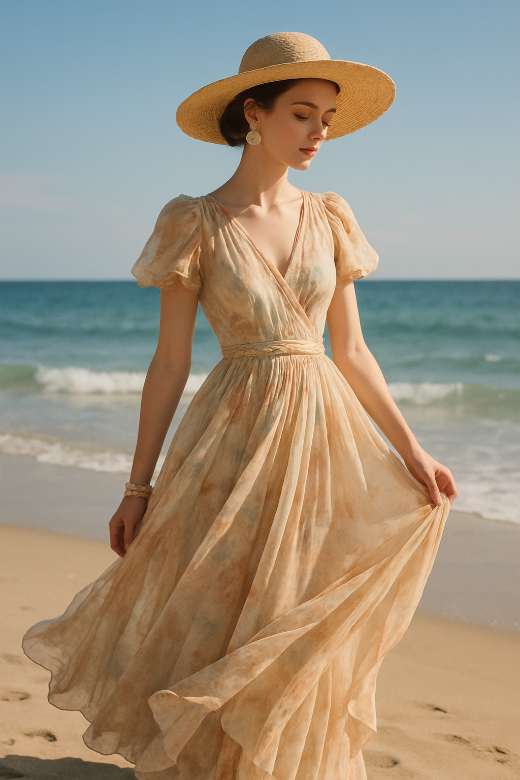 SKIPIKS AI fashion editorial — feminine, vintage — 따뜻한 여름 바람과 잘 어울리는 빈티지 무드의 롱 드레스입니다. 흐르는 실루엣과 부드러운 색감이 여성스러움을 배가시켜 주네요. 와이드 브림 햇과