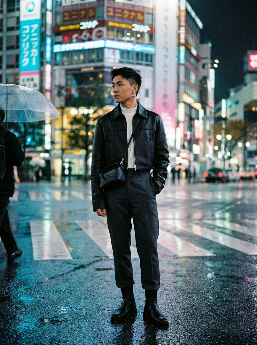 SKIPIKS AI时尚大片 — streetwear, urban, modern — 블랙과 그레이의 조화가 돋보이는 도회적인 룩입니다. 가죽 자켓과 첼시 부츠로 세련된 감성을 더해보세요. 업무 후에도 어울리는 스타일로, 저녁 있