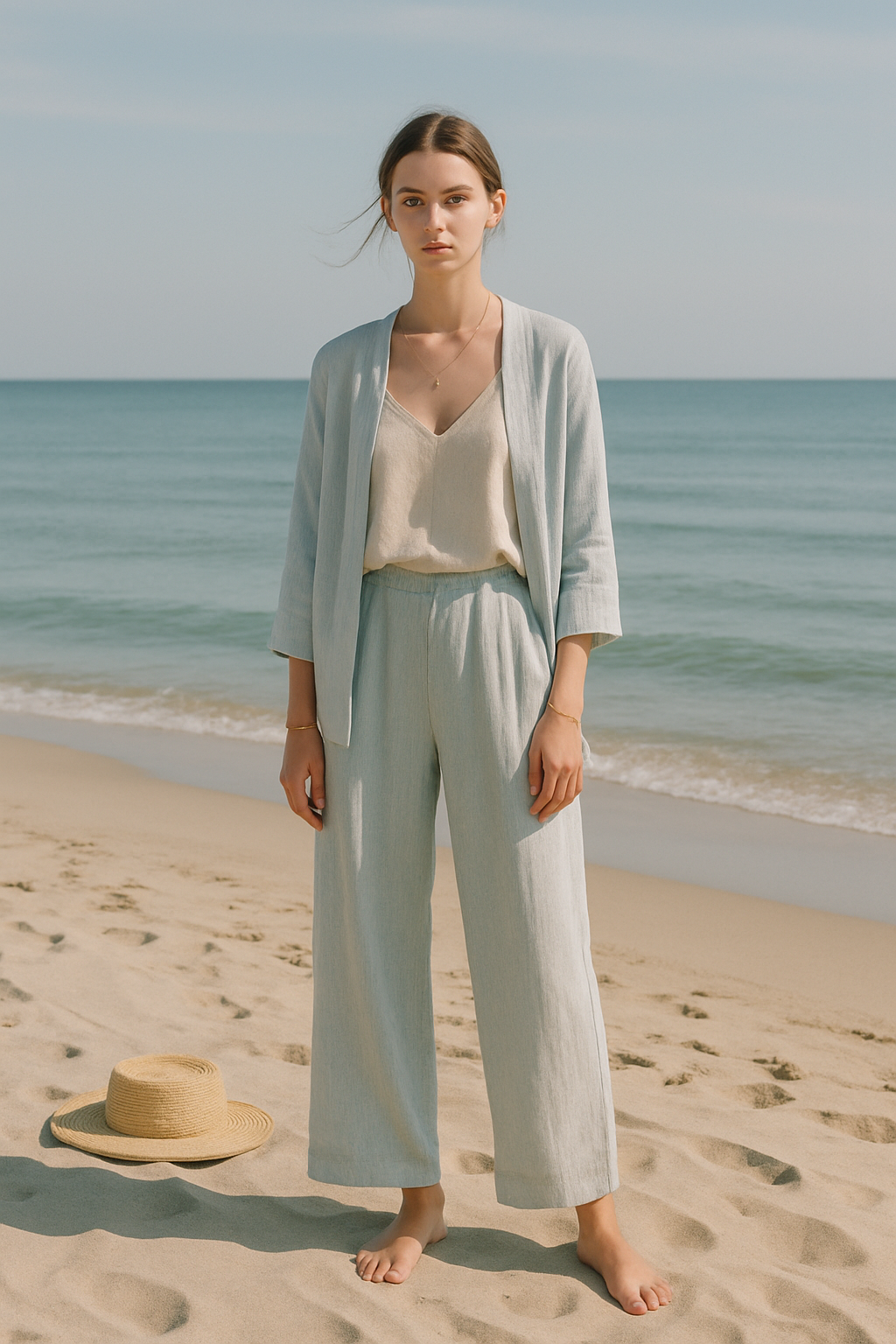 SKIPIKS AIファッション写真 — minimalist, beachwear, natural — 청량한 해변의 느낌을 담은 여름 스타일의 완성입니다. 부드러운 베이지 톤의 슬리브리스와 연한 블루 린넨 가디건으로 내추럴한 무드를 주었어요. 여